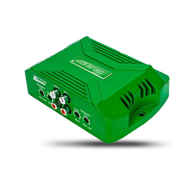 Comando Audio Inc. CMD-500.4FR four-channel amplifier in green with ultra-compact chassis for vehicle audio installations