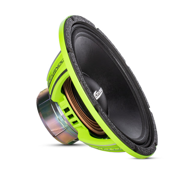 Comando Audio Inc. CRX-12ND-M88 12 inch midrange speaker in neon green with a cast aluminum basket