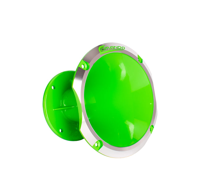 Comando Audio Inc. compression driver horn in lime green with bolt-on mounting for speaker cabinets.